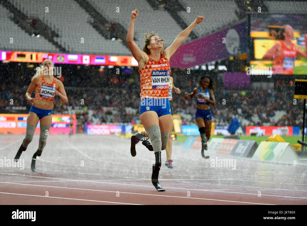 Marlou van Rhijn Blade Babe para Athleten gewinnen an der Welt Para Leichtathletik WM in der Londoner Olympiastadion, London, 2017. 200 m T44 Stockfoto