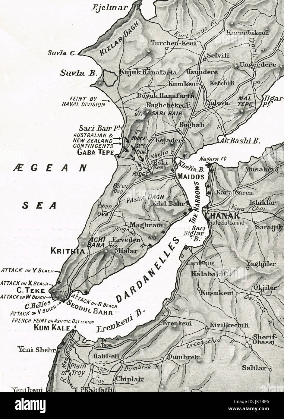 Karte der Dardanellen & Gallipoli-Halbinsel, Dardanelles Kampagne, 1915 Stockfoto