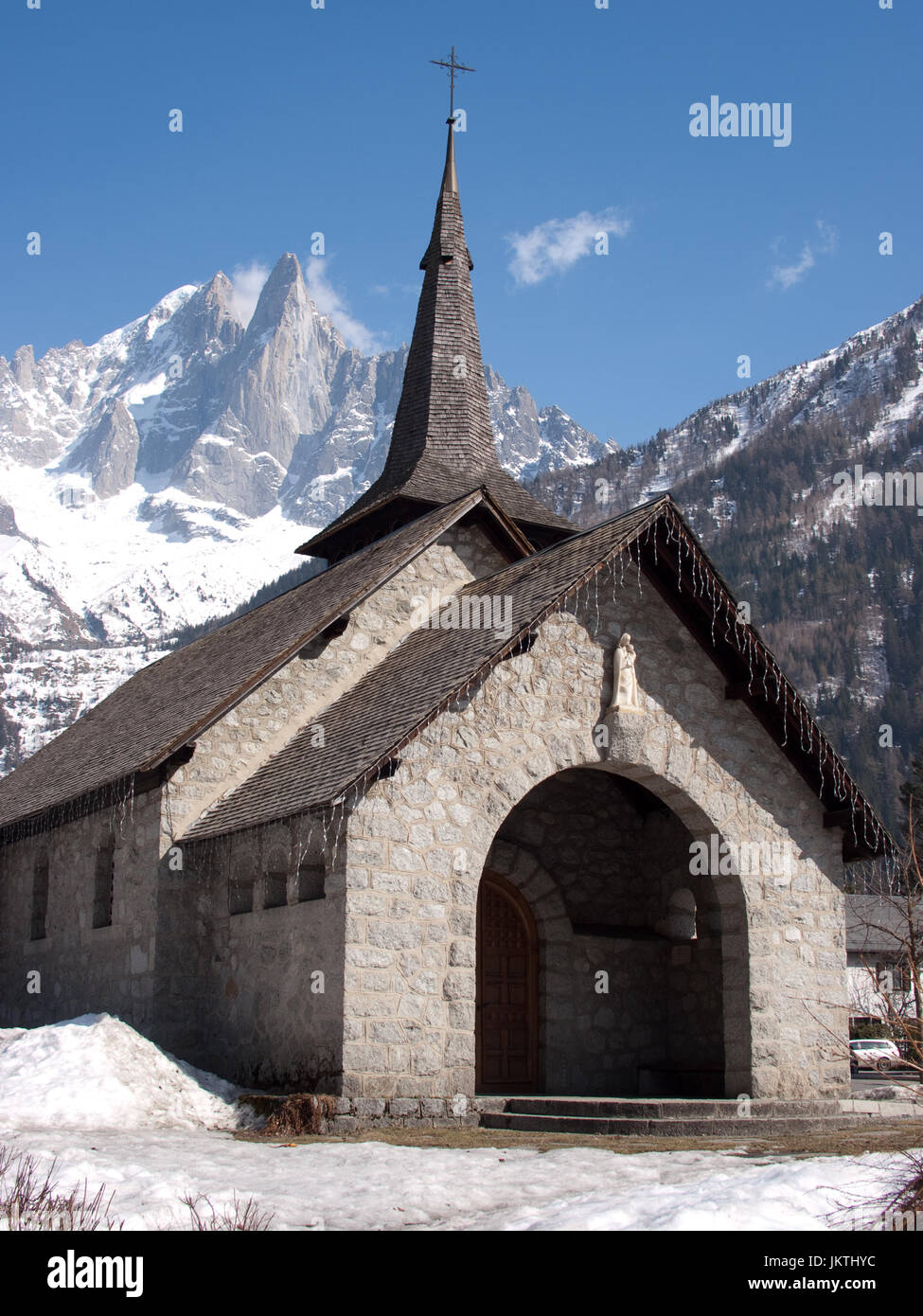 Les Praz Kirche, das Tal von Chamonix Stockfoto