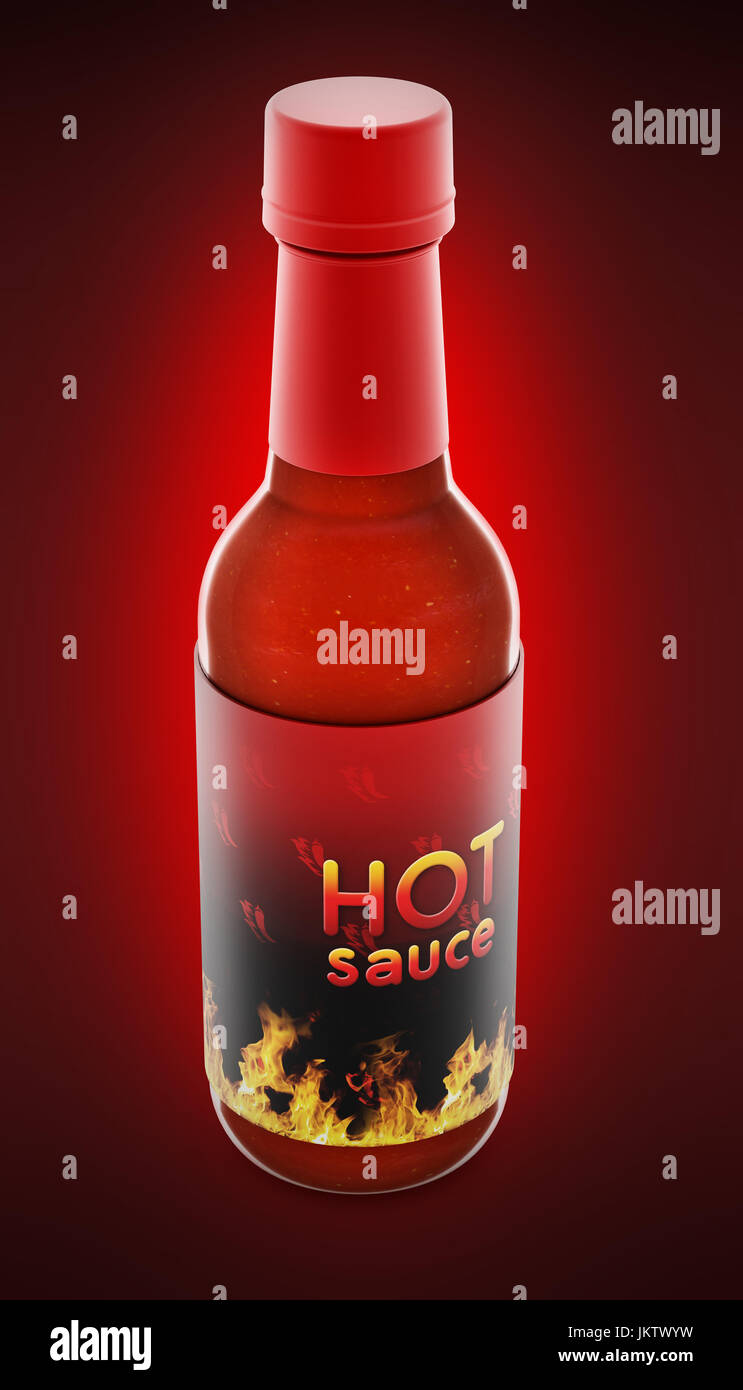 Hot Pepper Sauce Flasche isoliert auf rotem Grund. 3D Illustration. Stockfoto
