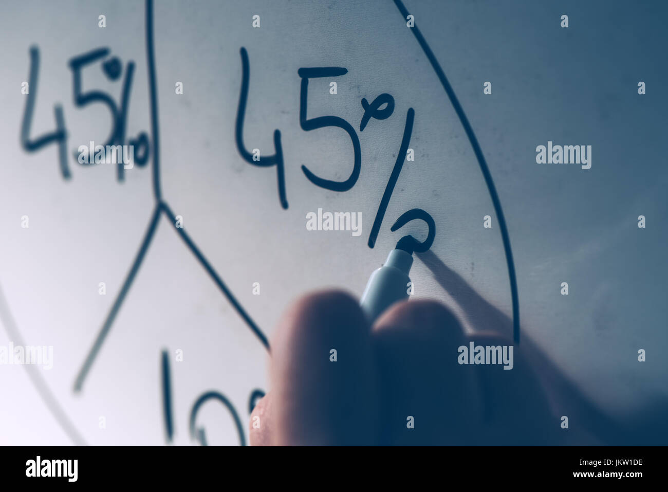 Geschäftsfrau Büro Whiteboard Kreisdiagramm schöpfend, während Business-Ergebnisse-Analyse und Präsentation, selektiven Fokus Stockfoto