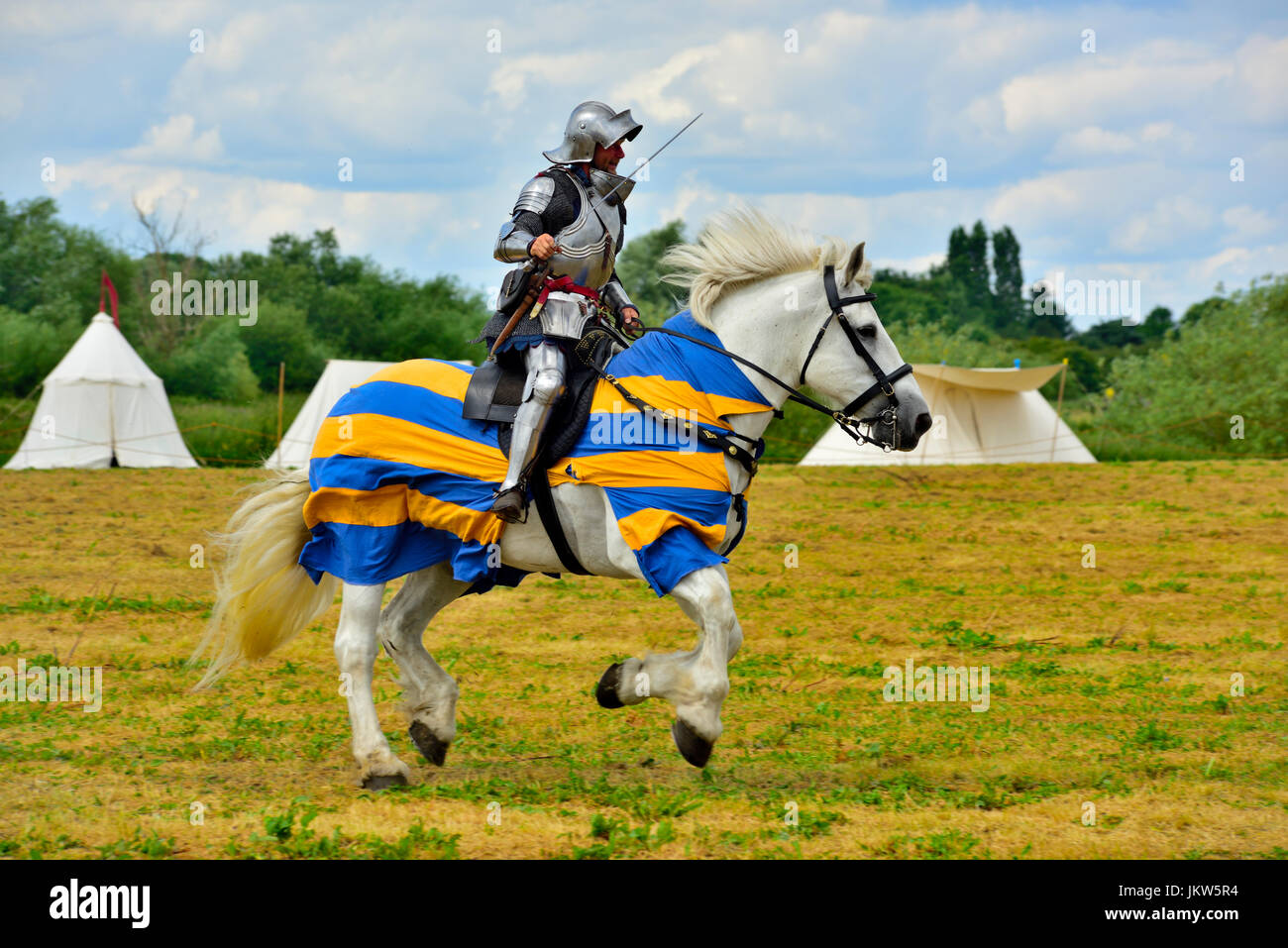 Mittelalterliche Ritter in Rüstungen der vollen Teller mit Grasnarbe im Galopp auf dem Pferd Stockfoto