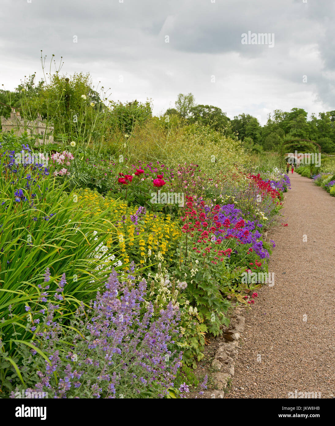 Bunten englischen Cottage-Garten mit Weg führt vorbei an krautigen Grenze mit Massen von rot, weiß, gelb und lila Blumen und grünen Laub. Stockfoto