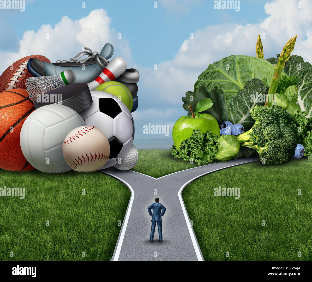 Übung oder Diät Wahl Gesundheit und Fitness Lifestyle-Konzept als eine Person an einer Kreuzung mit Sport-Artikel auf und gesundes Essen auf gegenüberliegenden Seiten. Stockfoto