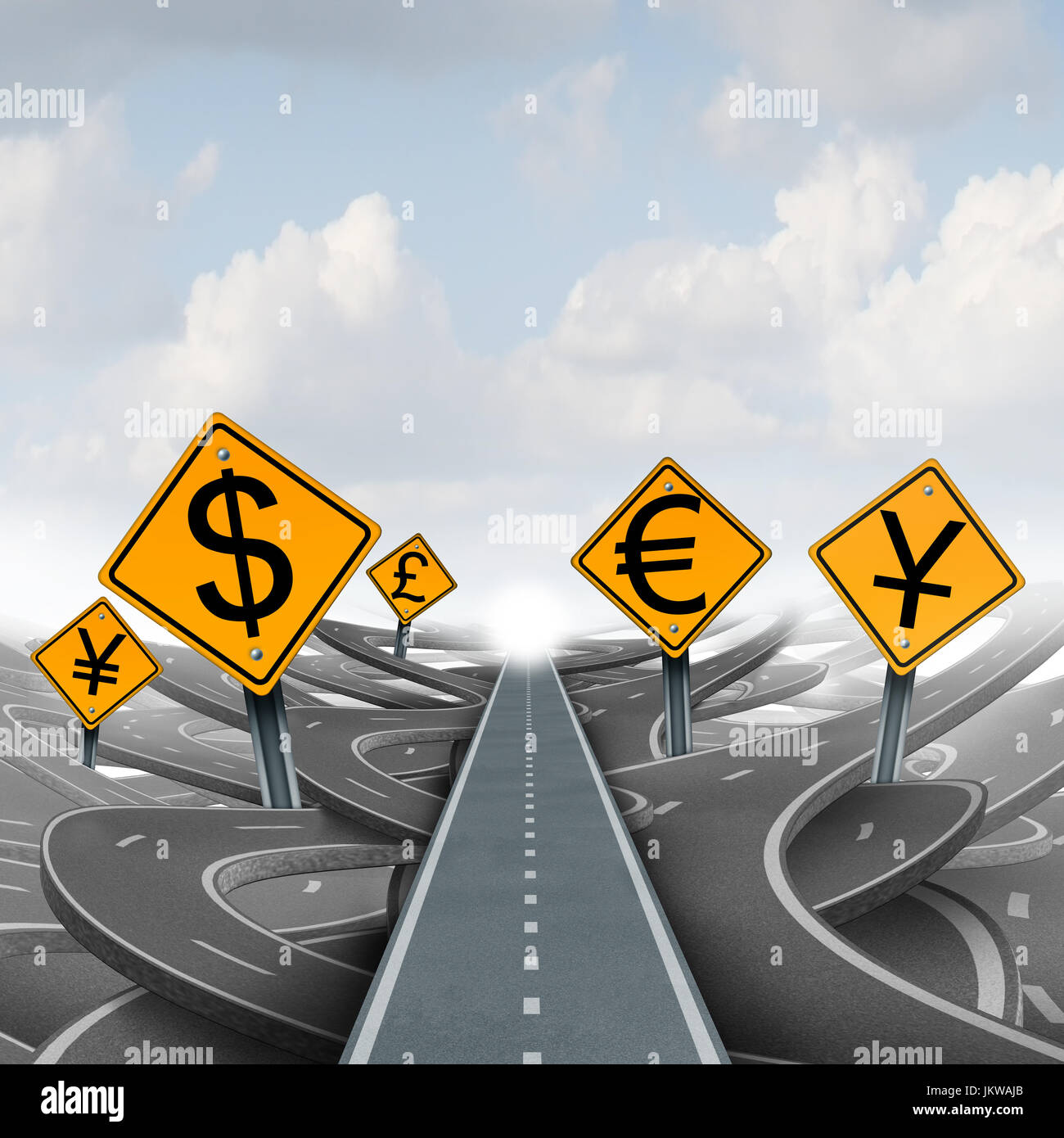 Währung-Strategie Weg und Devisen finanzielle Richtung Lösungskonzept als Währung Dollar-Symbol mit dem chinesischen Yuan. Stockfoto