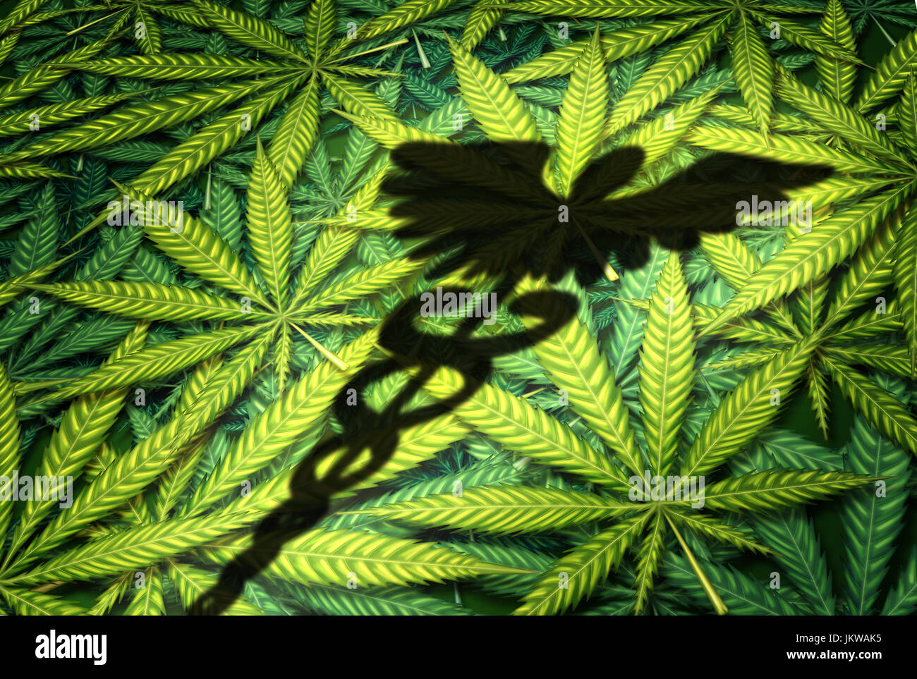 Marihuana medizinisches Konzept als Schatten der Hermesstab auf eine Gruppe von Cannabis Blätter als Heilpflanze Droge Symbol mit 3D Abbildung Elemente. Stockfoto