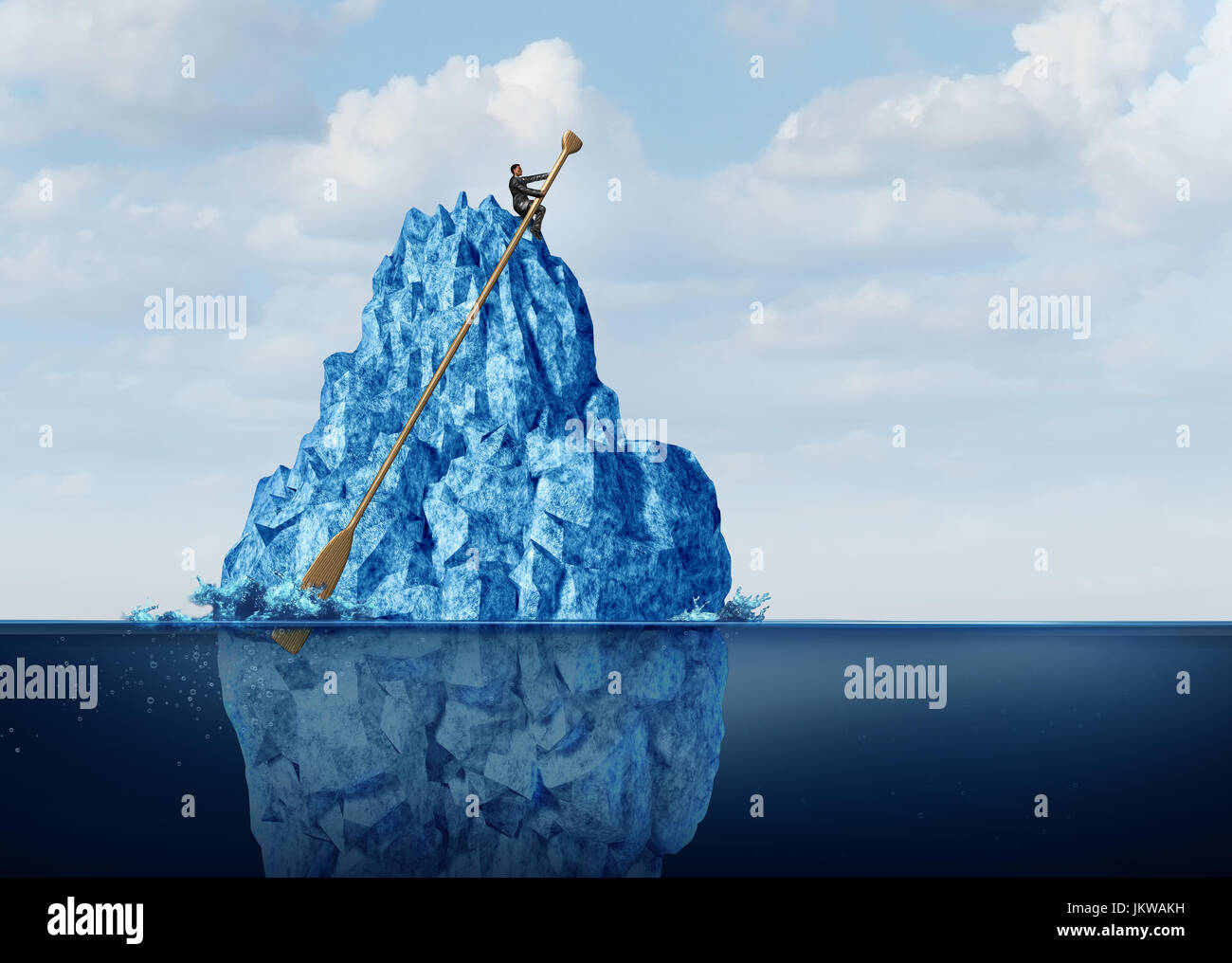 Leitung Business Hindernisse und Kontrolle wirtschaftliche Risiken und Herausforderungen als Geschäftsmann auf einem Eisberg mit einem Ruder navigieren. Stockfoto