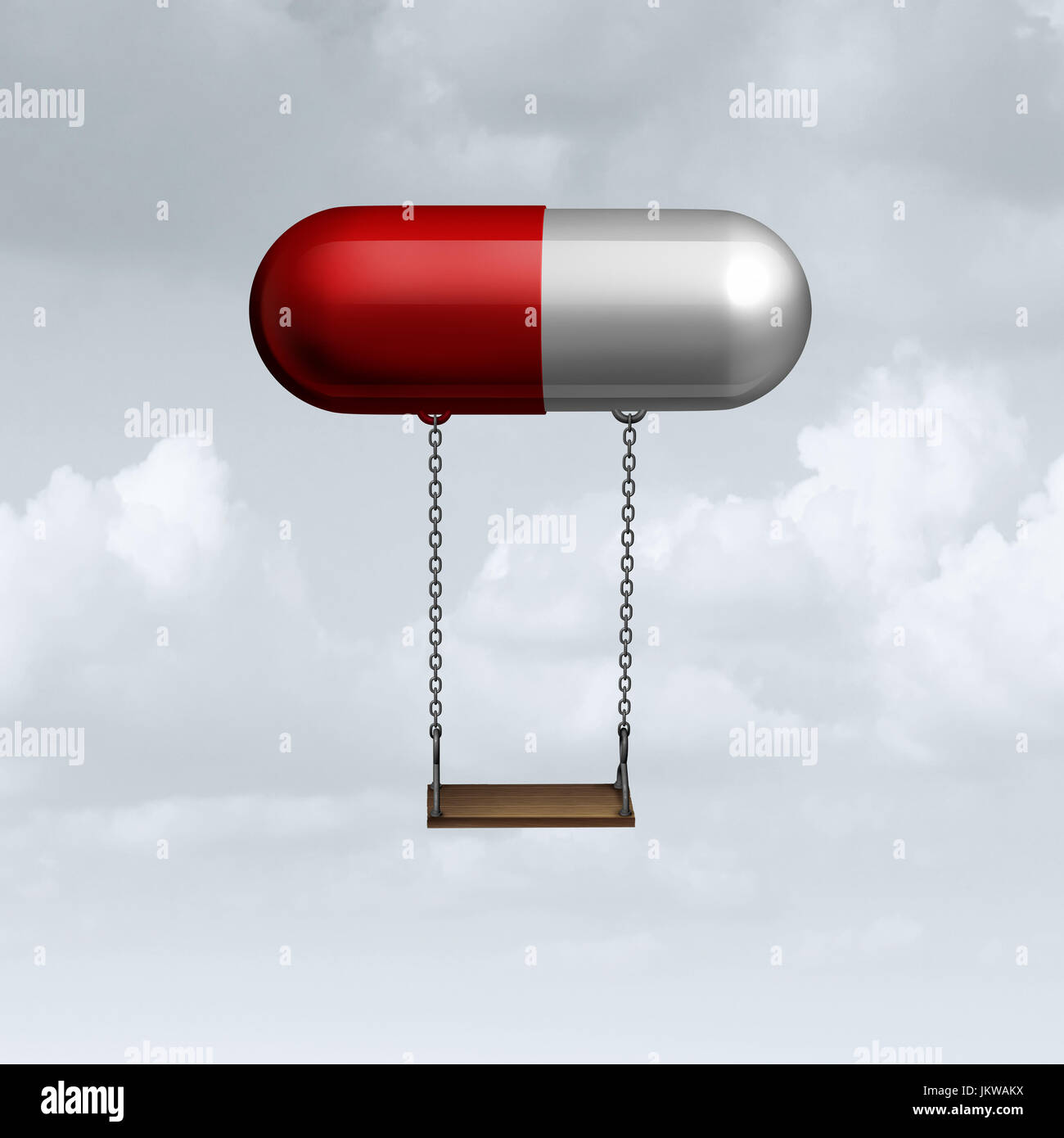 Kind-Medizin-Konzept als medizinische Symbol für Kinder Medikamente als verschreibungspflichtiges Medikament Pille mit einem Kinderspielplatz swing ein Jugend-Healthcare. Stockfoto