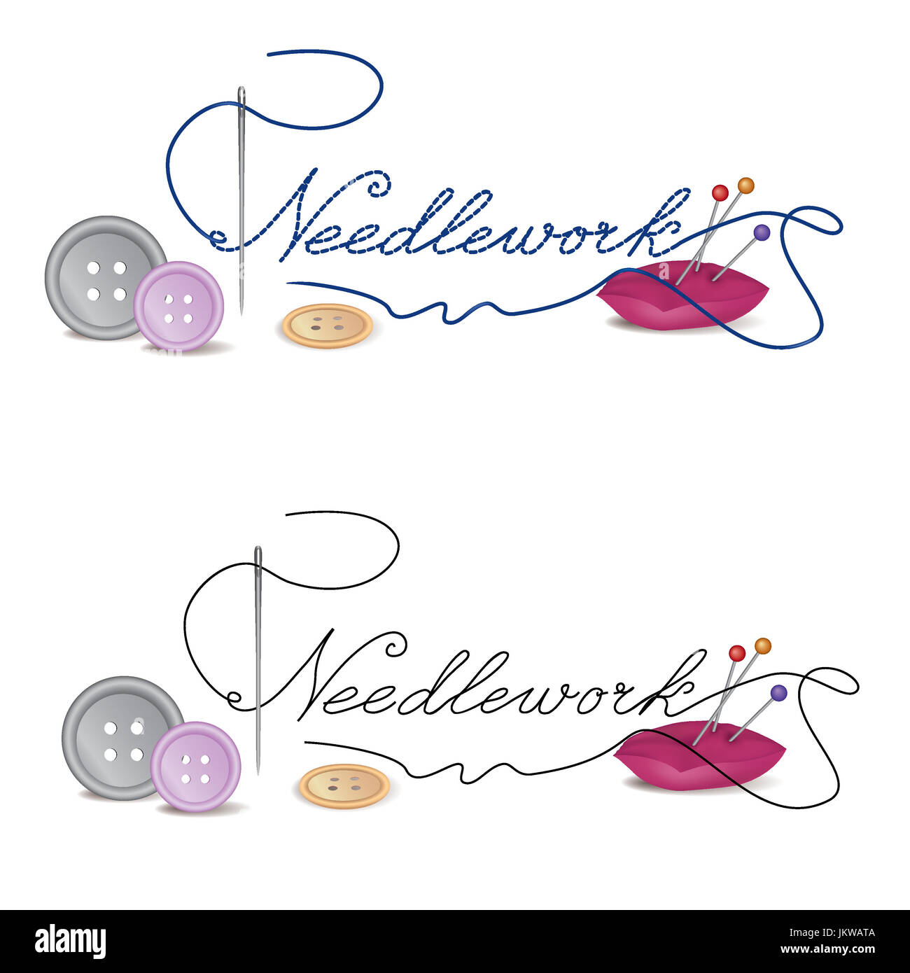 Hand Made kleid Symbol. Nadel und Faden Symbol. nähen unterzeichnen. Handarbeit Symbol drücken. Stockfoto