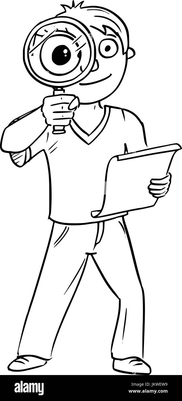 Cartoon Handzeichnung Vektor-Illustration eines jungen halten Hand Lupe und Papier. Stock Vektor