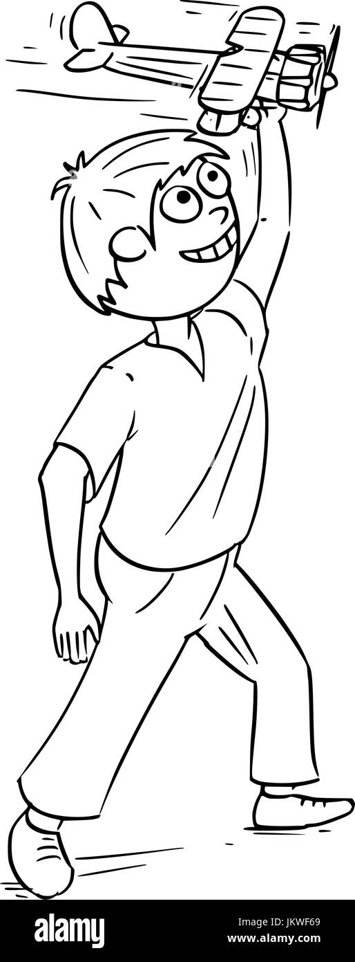 Handzeichnung Cartoon Vektor der junge spielt mit Spielzeug Flugmodell Flugzeug. Stock Vektor