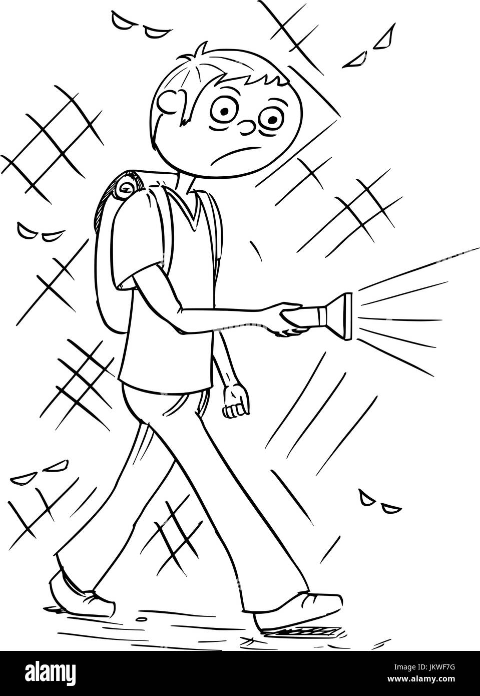 Handzeichnung Cartoon-Vektor-Illustration beängstigend junge oder ein junger Mann mit Taschenlampe zu Fuß durch dunkle Nacht. Stock Vektor