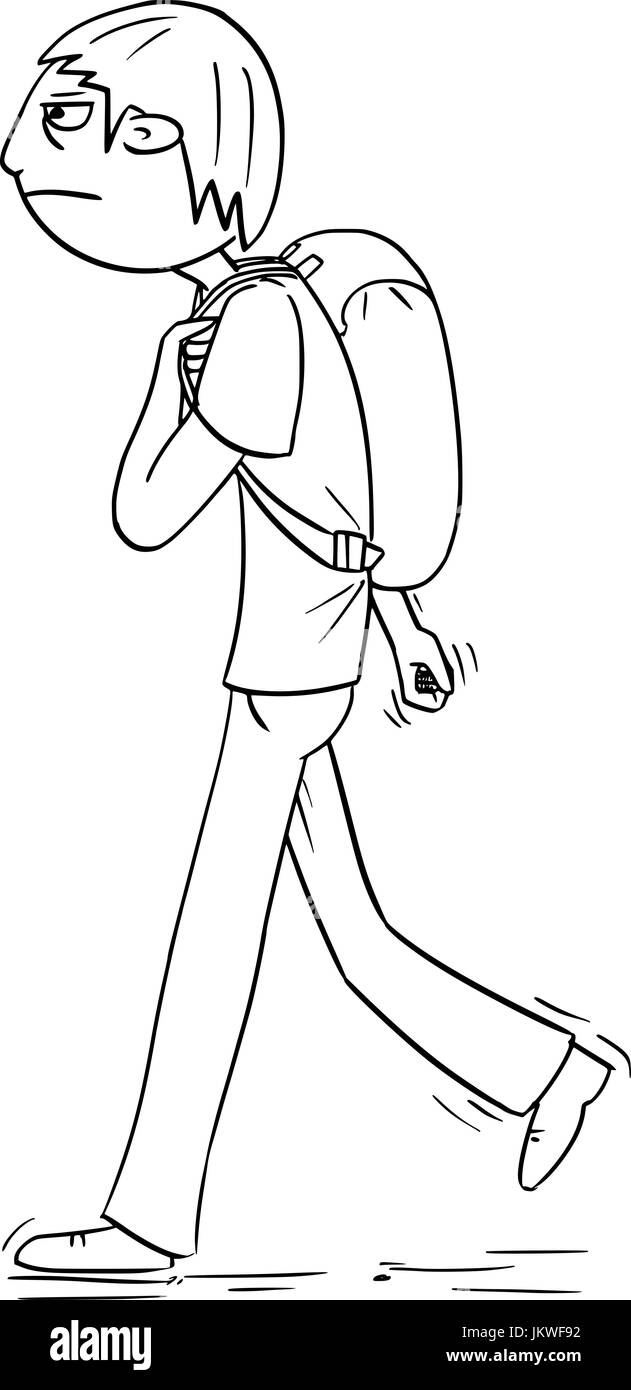 Hand-Zeichnung Cartoon-Vektor-Illustration eines jungen mit Schultasche, Rucksack oder Tasche wandern. Stock Vektor