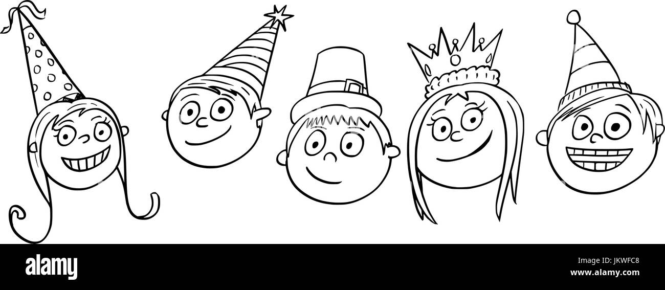 Hand-Zeichnung Cartoon-Vektor-Illustration von fünf lächelnde Kinder oder Kinder Partei Hütten tragen. Stock Vektor
