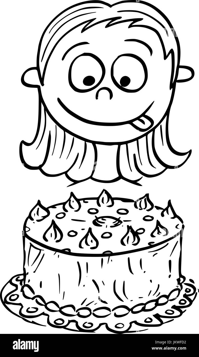 Handzeichnung Cartoon-Vektor-Illustration von Mädchen Geburtstagskuchen zu betrachten. Stock Vektor