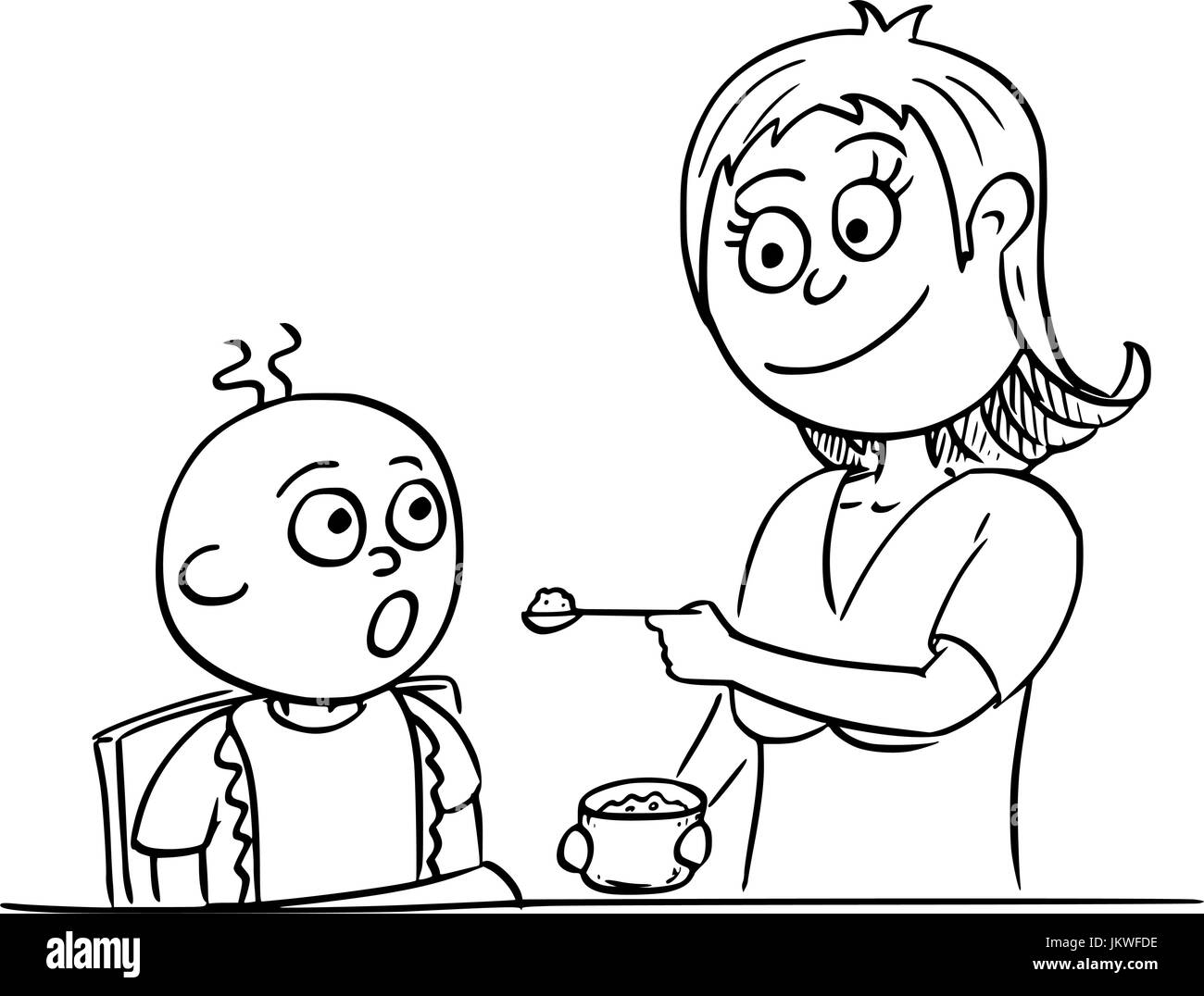Handzeichnung Cartoon-Vektor-Illustration der Mutter Mama Mama füttern Babys mit Pap. Stock Vektor