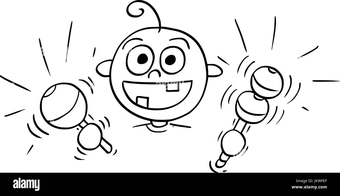 Hand-Zeichnung Cartoon-Vektor-Illustration glücklich lächelnden Baby machen Lärm mit zwei Rasseln. Stock Vektor