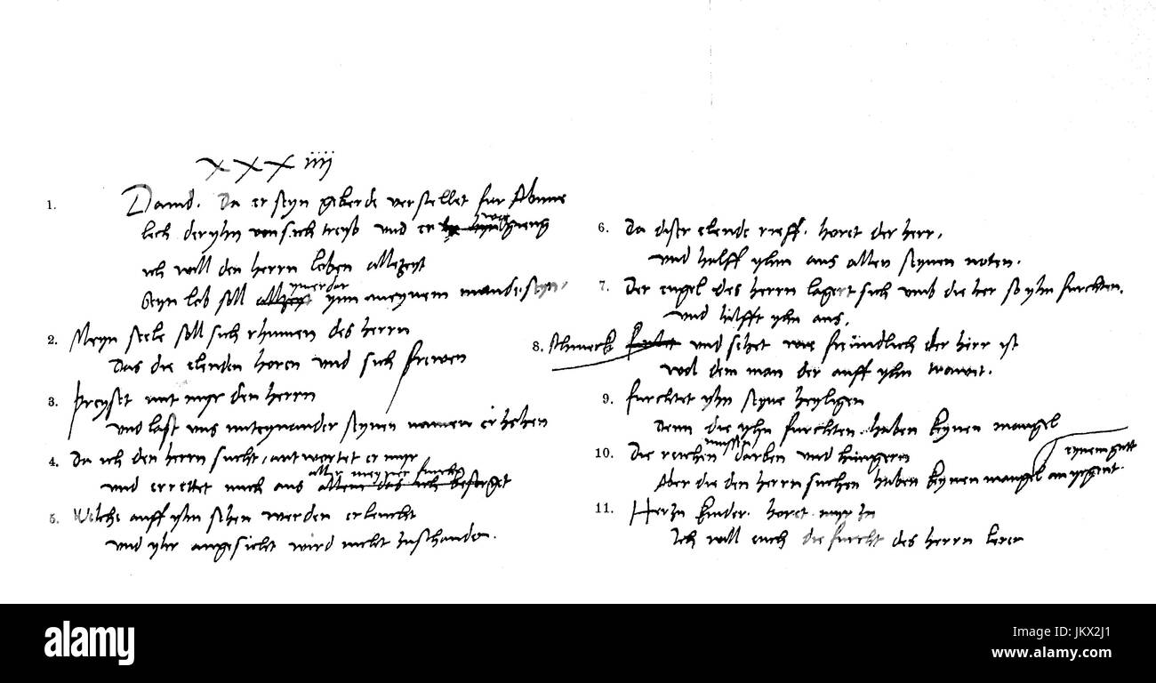 Digital verbessert:, die Übersetzung der ersten elf Verse der 34. Psalm in Luthers Originalausgabe, Veröffentlichung aus dem Jahr 1882 Stockfoto