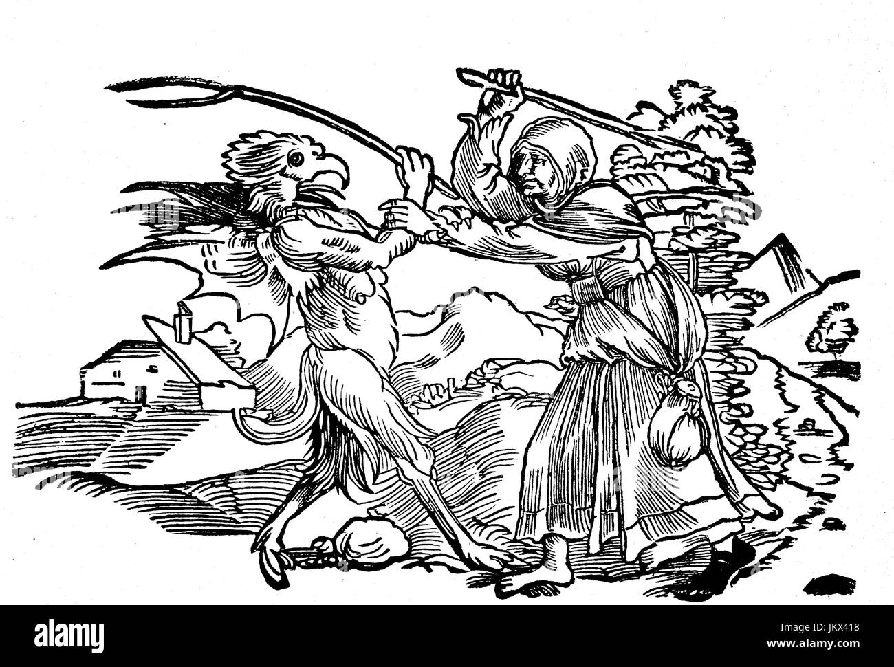 Digital verbessert:, alte Frau im Kampf mit dem Teufel, Holzschnitt, Veröffentlichung aus dem Jahr 1882 Stockfoto