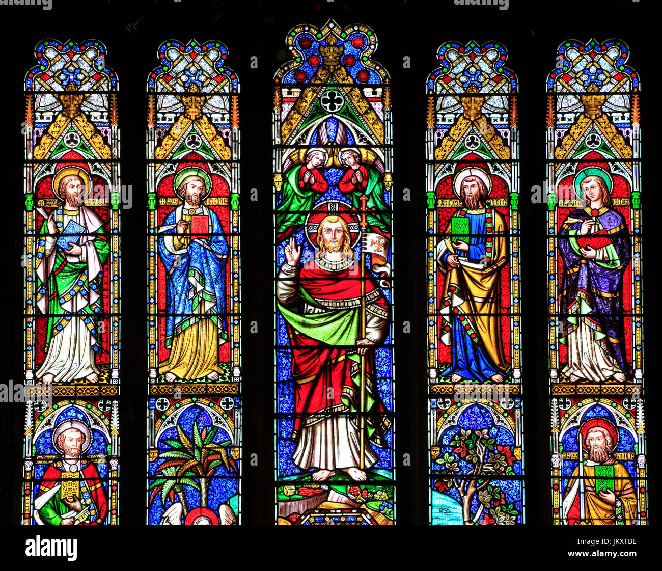 Die Auferstehung Jesu Christi, St. Matthäus, Markus, Lukas, Johannes, Petrus und Paulus. Stockfoto