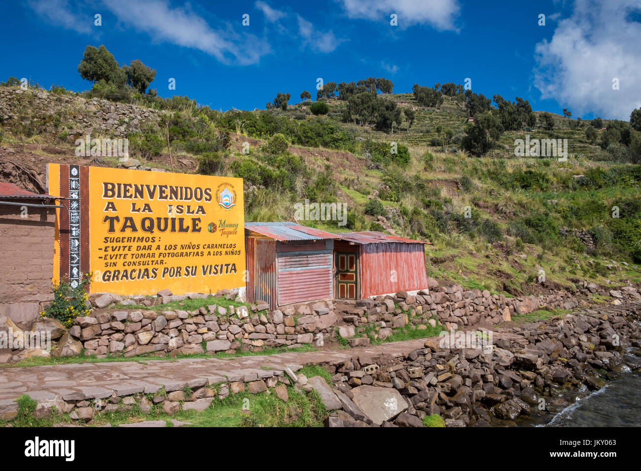 Herzlich Willkommen im Insel Taquile, Titicacasee, Peru. Stockfoto