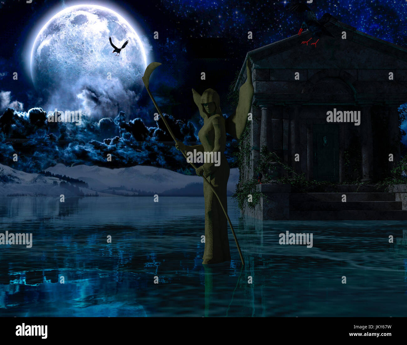 Engel des Todes - Gruselnacht Hintergrund mit Mond - 3d rendering Stockfoto