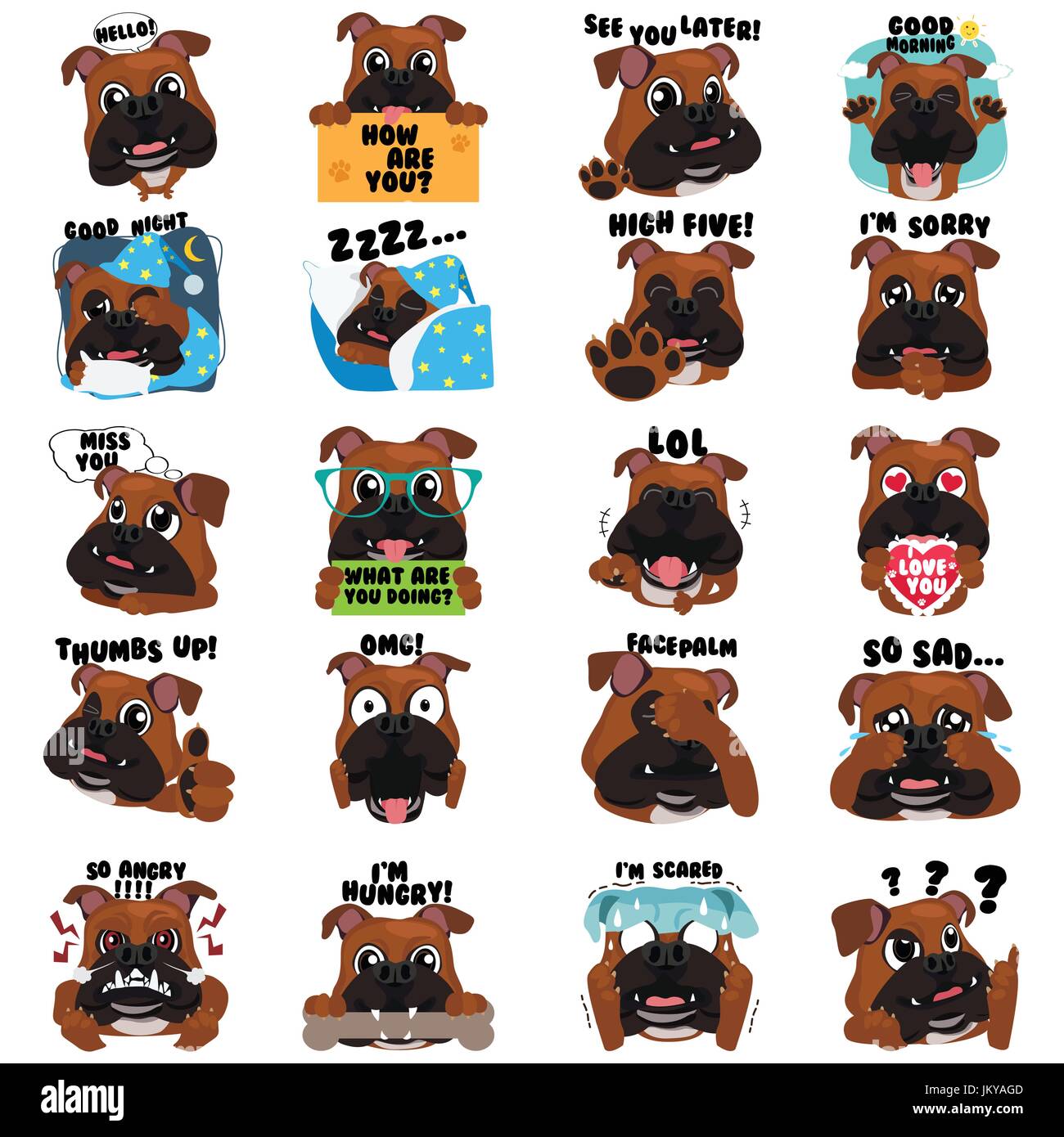 Eine Vektor-Illustration von Bulldog Hund Emoji Emoticons Ausdruck Stock Vektor