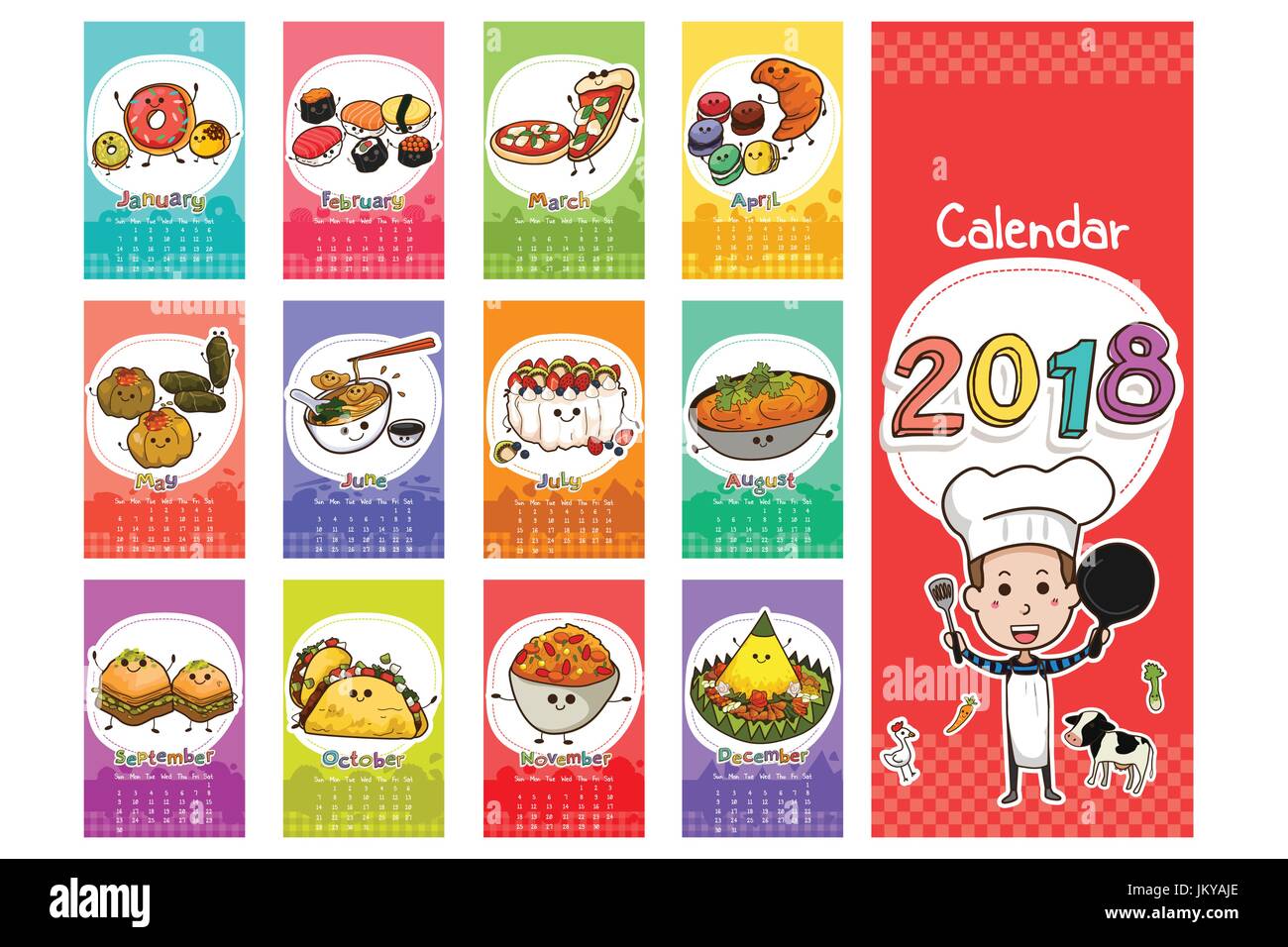 Eine Vektor-Illustration von 2018 Essen unter dem Motto Kalender im Cartoon-Stil Stock Vektor