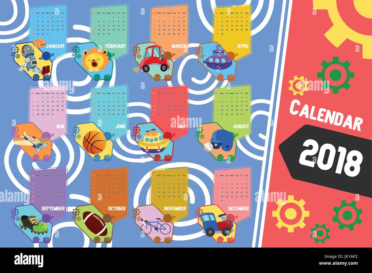 Eine Vektor-Illustration von 2018 Kalender im Cartoon-Stil Stock Vektor