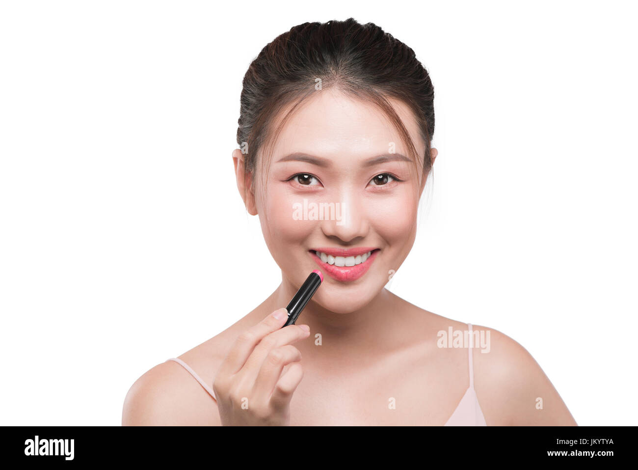 Schöne junge asiatische Frau Rosa Lippenstift Stockfoto