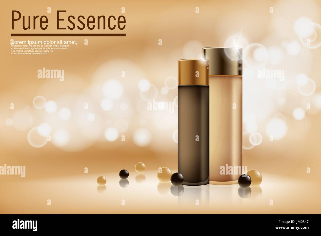 Parfüm auf Bronze Hintergrund mit weichen Bokeh enthalten. Plakat für die Förderung der feuchtigkeitsspendende und pflegende Kosmetik Premiumprodukt. Vektor-Illustration. Stock Vektor