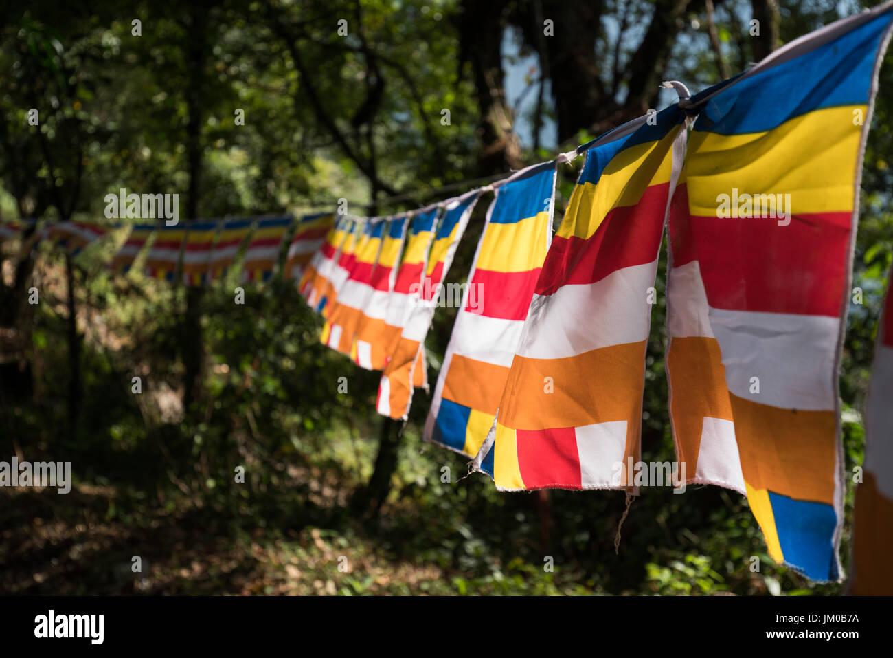 Buddhistischen Fahnen Farbleiste vertikal und Horizontal. Es ist dekorativ in den Tempel, Sikkim, Indien Stockfoto