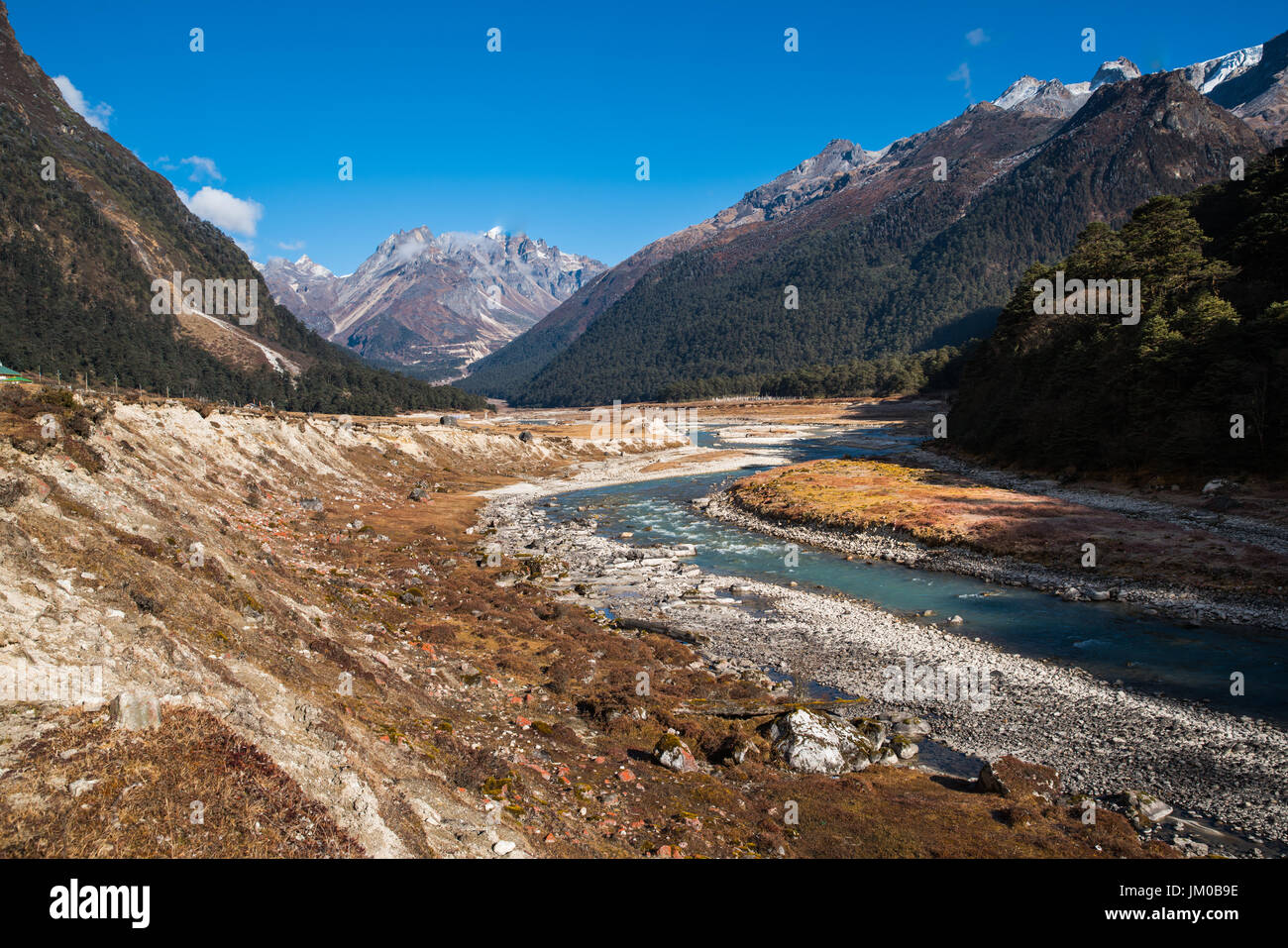 Fluss aus Eis schmelzen auf Berg Landschaft Blick auf Lachung, klare Wetter Tag Zeit, Sikkim, Indien Stockfoto