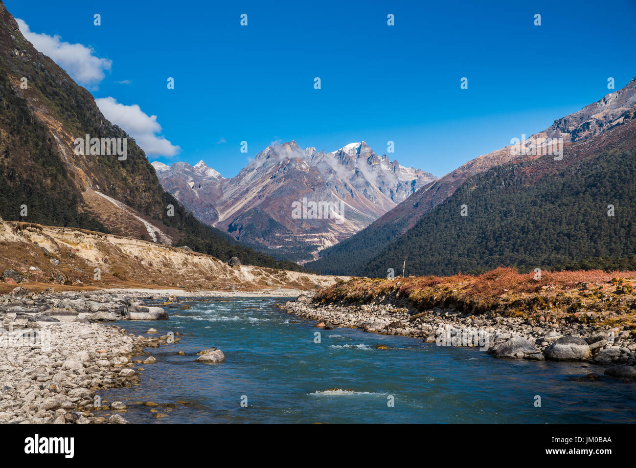 Fluss aus Eis schmelzen auf Berg Landschaft Blick auf Lachung, klare Wetter Tag Zeit, Sikkim, Indien Stockfoto