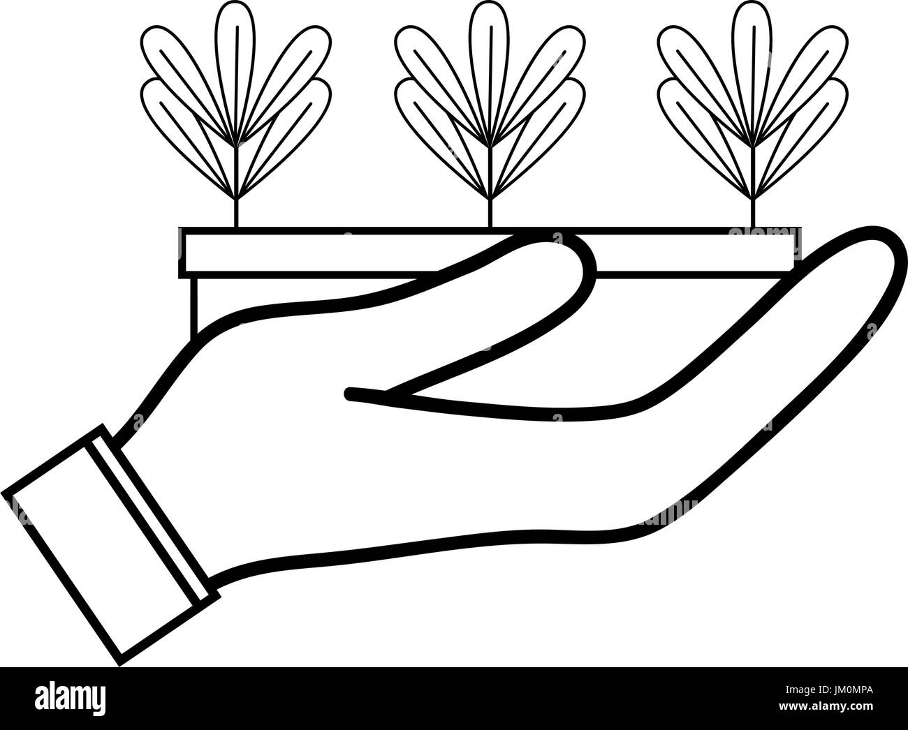 Linie ökologische Anlagen mit Lamellen innerhalb Blumentopf in der Hand Stock Vektor