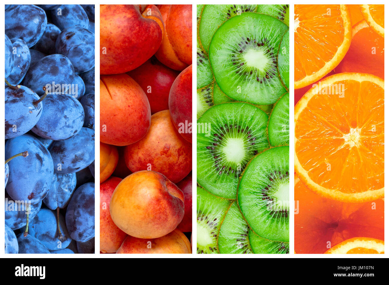 Collage aus frischen und Reifen Sommer Früchte in Form von vertikalen Streifen Stockfoto