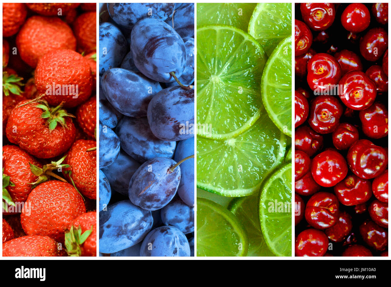 Collage aus frischen und Reifen Sommer Früchte in Form von vertikalen Streifen Stockfoto