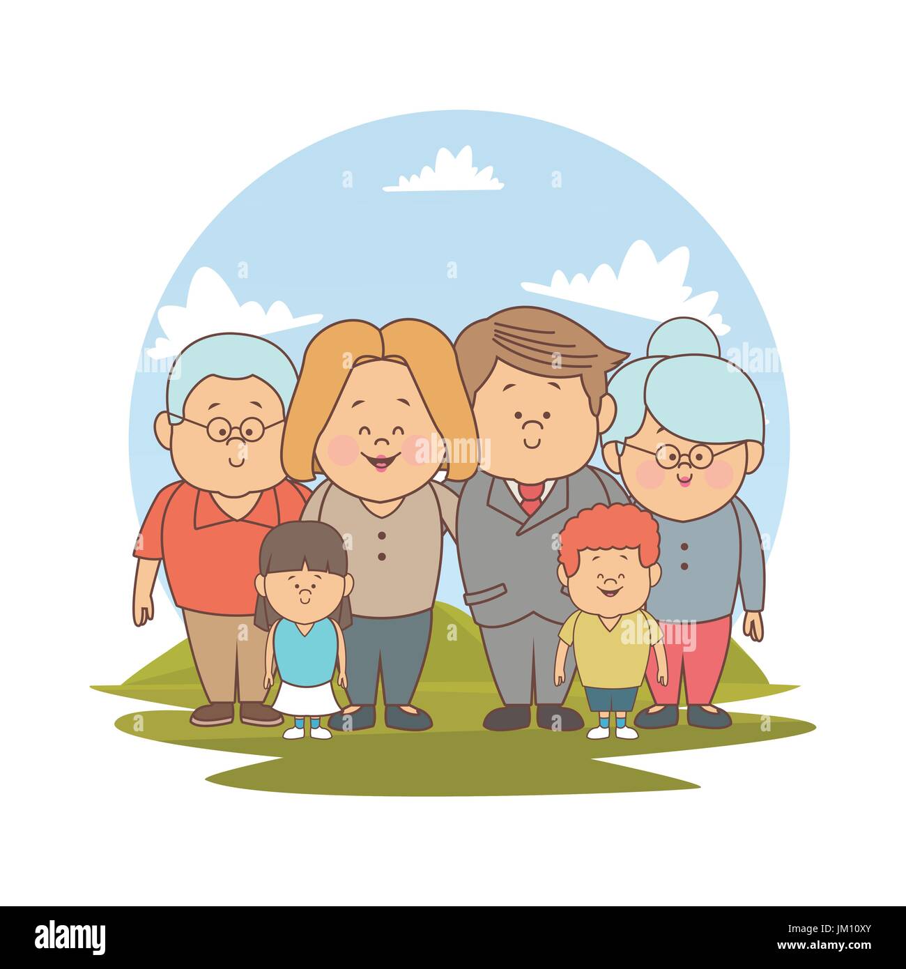 weißen Hintergrund mit Farbe Silhouette Landschaft mit großen Familie blonded Mutter executive Dad und kleinen Jungen mit Großeltern Stock Vektor