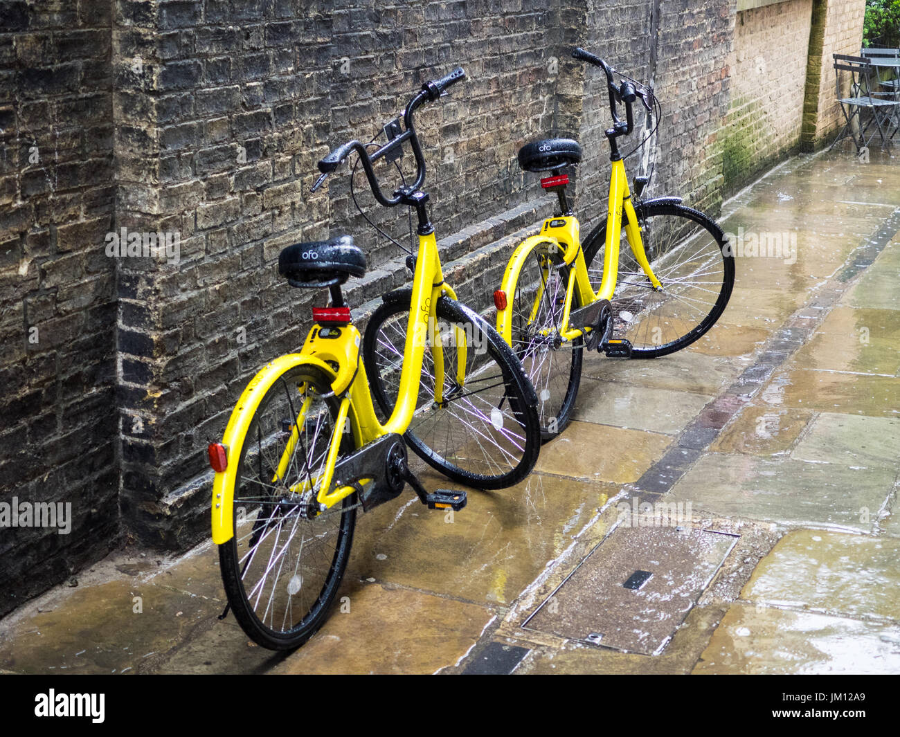OFO Fahrräder in Cambridge - Teil eines Pilotprojekts die Fahrräder in das VEREINIGTE KÖNIGREICH einzuführen, sie erfordern nicht abholen und an eine Docking Station zurück Stockfoto