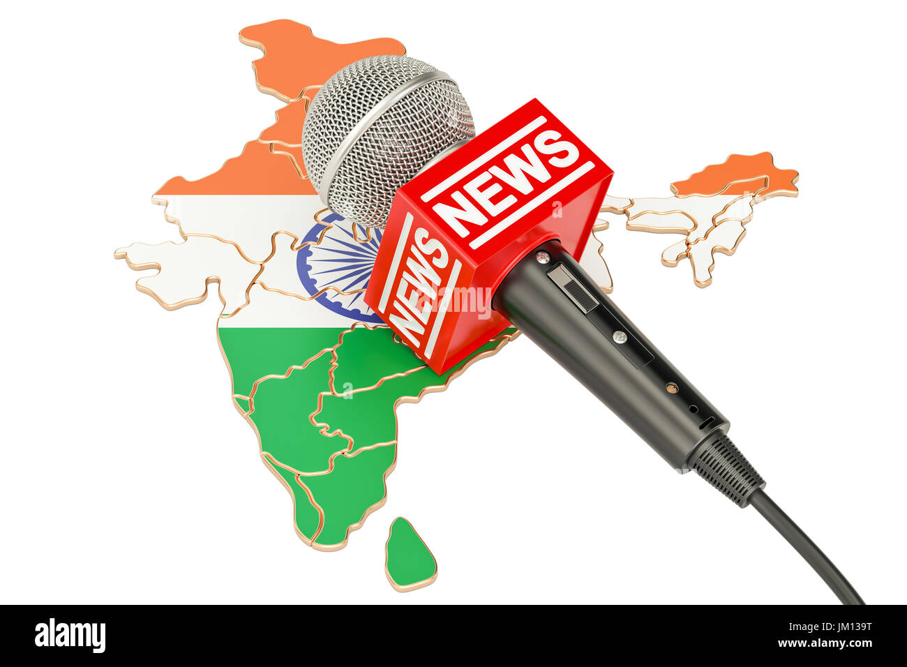 Indian News Konzept, Mikrofon-Nachrichten auf der Karte von Indien. 3D-Rendering Stockfoto