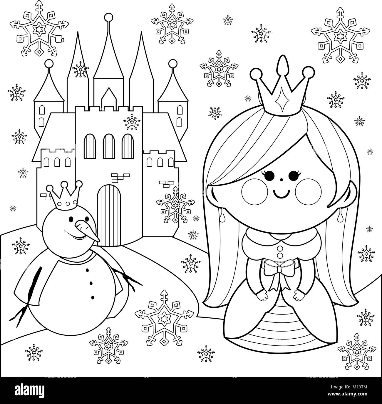 Prinzessin im Schnee mit einem Schloss und einem Schneemann. Coloring Book Seite Stock Vektor
