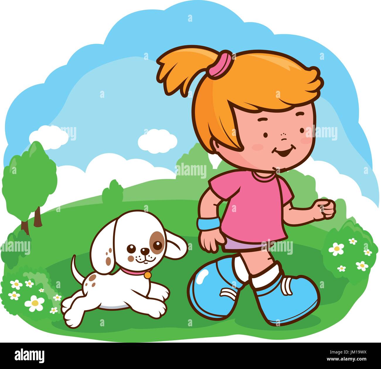 Ein kleines Mädchen und ihr Hund im Park laufen. Vektor-illustration Stock Vektor