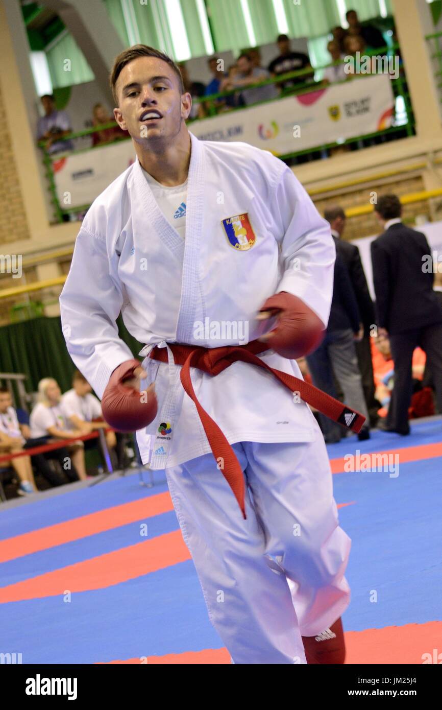 Wroclaw, Polen. 25. Juli 2017. Welt Spiele 2017, Karate-Wettbewerb, Kumite Herren 67kg Finale Goldmedaille kämpfen in Wroclaw, Polen. Im Bild: der Gewinner Steven Dacosta aus Frankreich. Bildnachweis: Bartolomeus Magierowski/Alamy Live-Nachrichten. Stockfoto