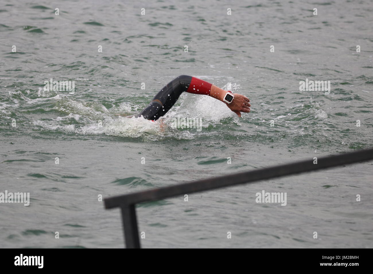 ein Triathlet schwimmen front Crawl mit einem Timing Uhr an ihrem Handgelenk zu kontrollieren ihre Rennzeit und Entfernung Stockfoto