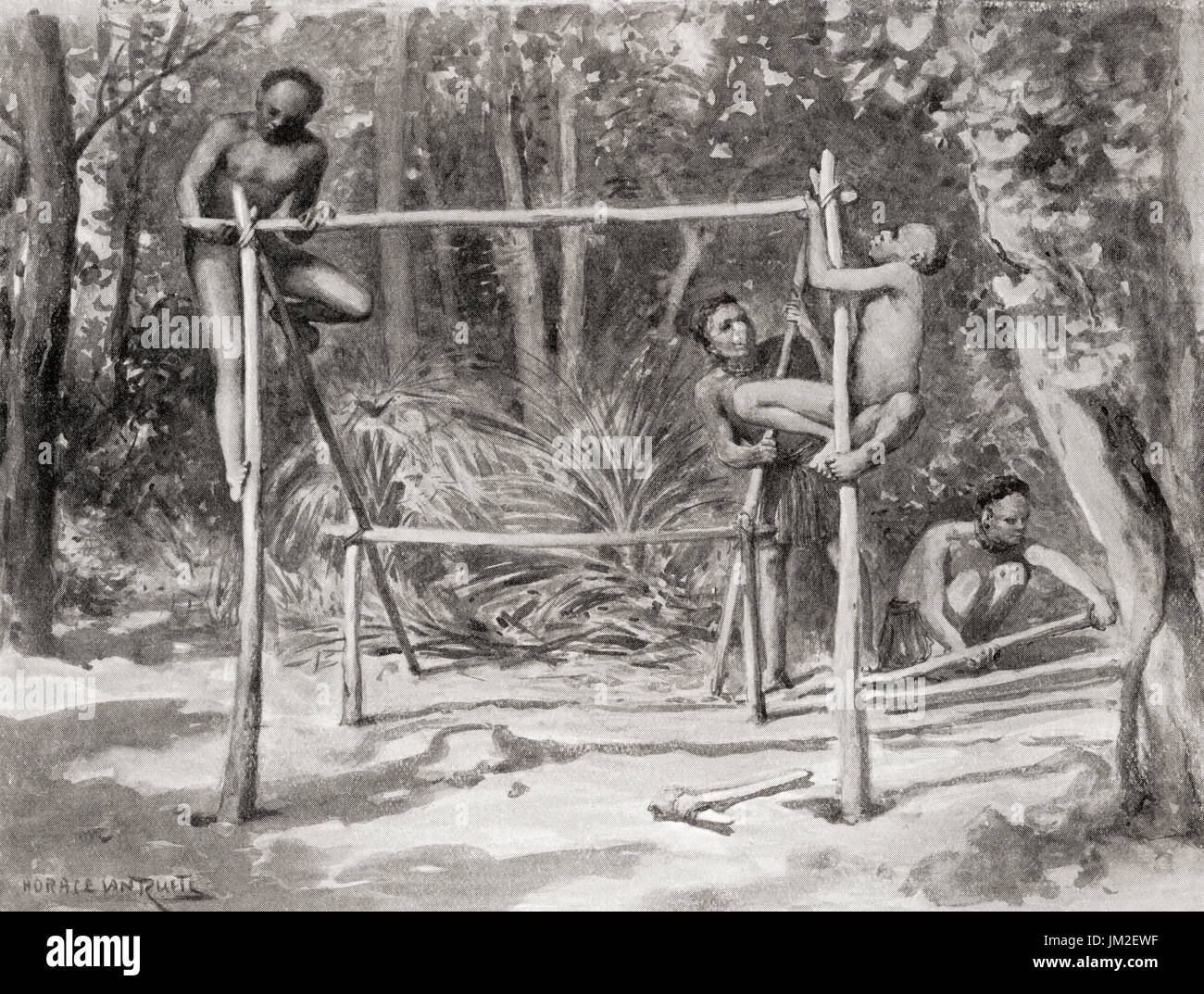 Frühen indianischen Ureinwohner Bau einer Unterkunft durch Stangen zusammenbinden und mit Blättern bedecken.  Hutchinson Geschichte der Nationen veröffentlichte 1915. Stockfoto