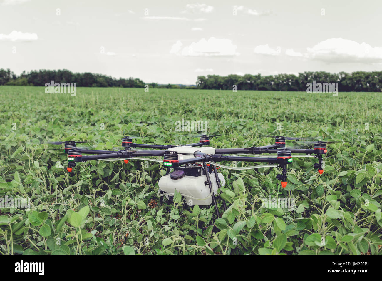 Professionelle Landwirtschaft Drohne steht auf dem Boden grüne Feld. Stockfoto