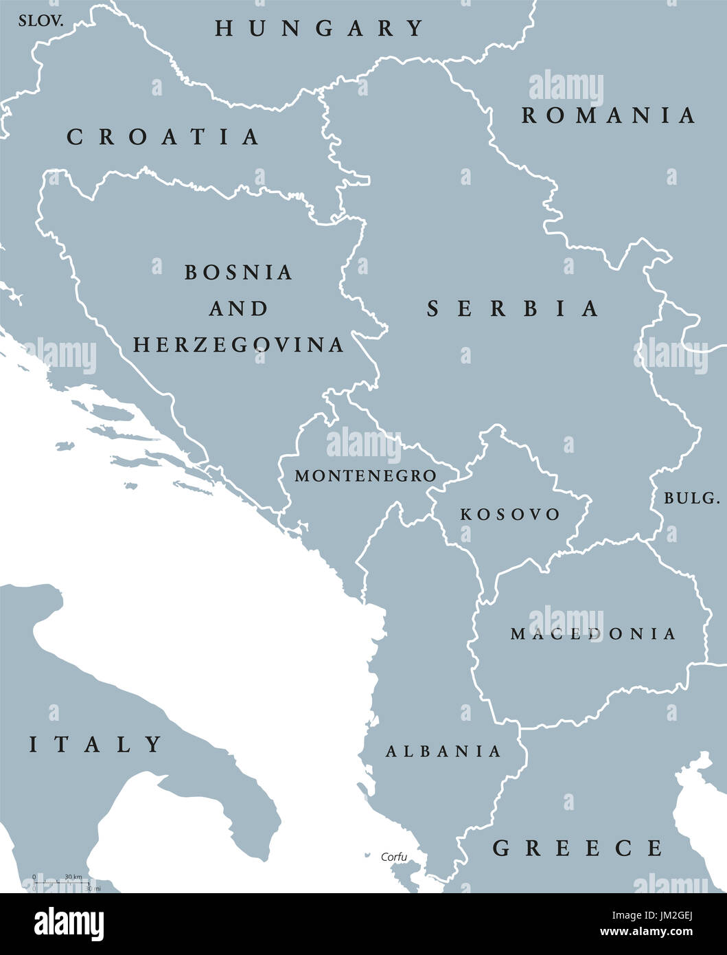 Zentralen Balkan politische Karte mit Grenzen. Südosteuropäischen Ländern auf der Balkanhalbinsel in Europa aus Kroatien nach Griechenland. Graue Abbildung. Stockfoto