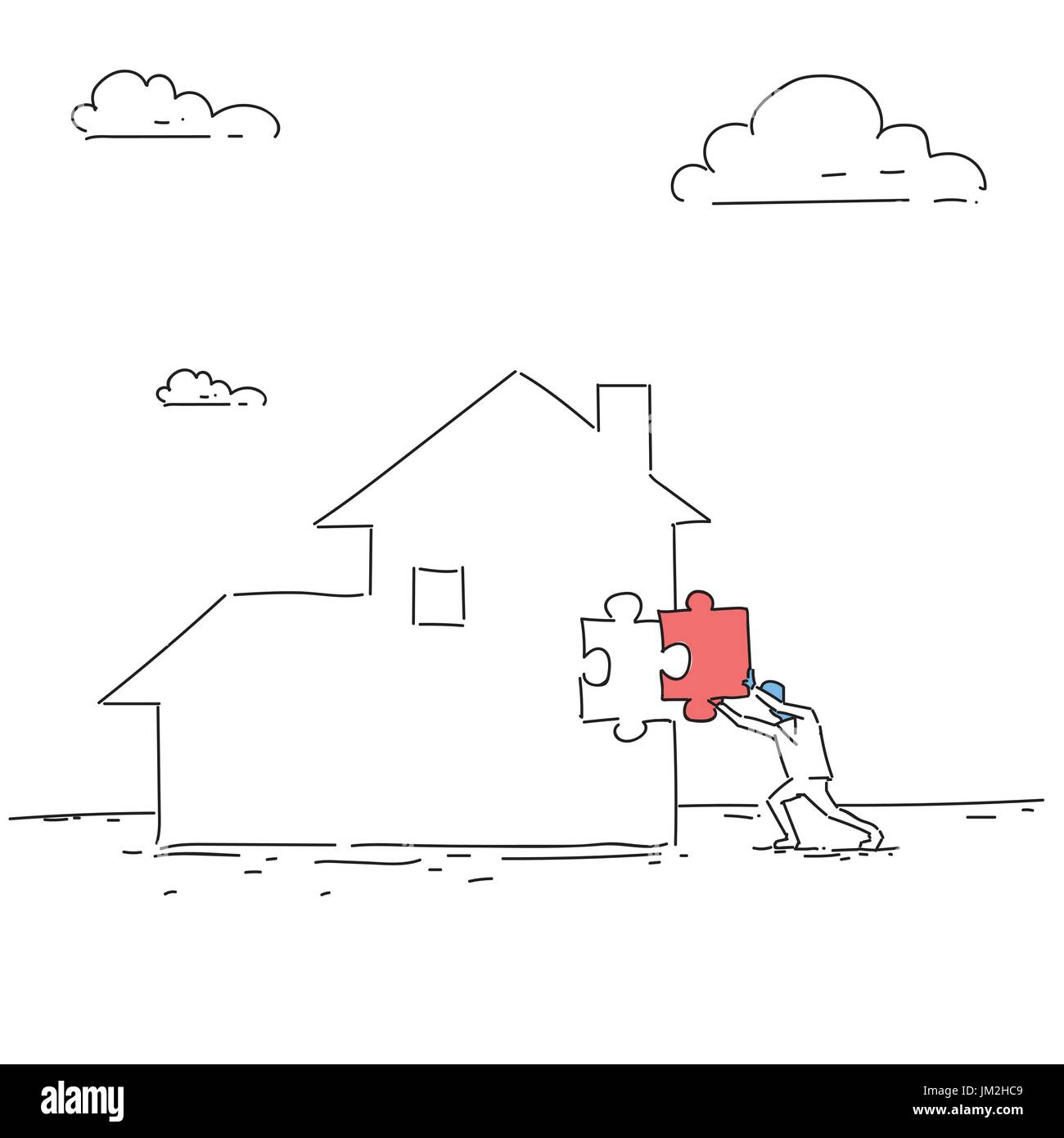 Business-Mann bauen Haus zahlt Schulden Skizze Stock Vektor