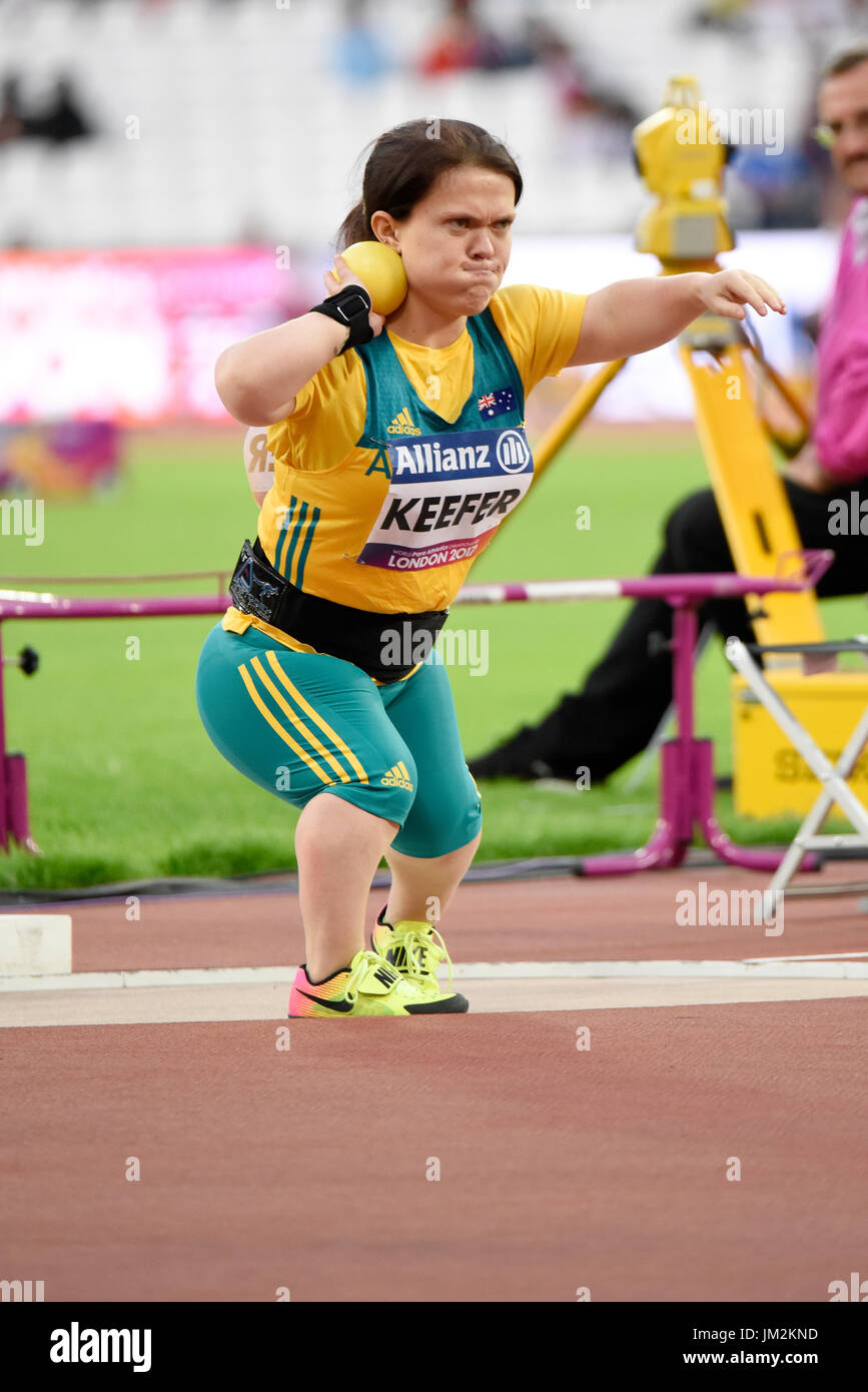 Claire Keefer in Para der Leichtathletik-Weltmeisterschaft in London Stadium konkurrieren. Kugelstoß Frauen F41 für Sportler von Kleinwuchs Stockfoto