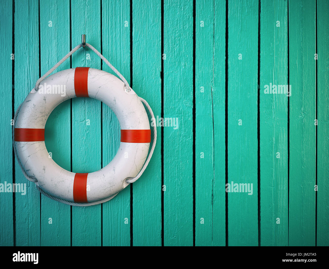 Rettungsring oder Rettungsring auf Holzwand. Heil, Schutz und Sicherheit-Konzept. 3D illustration Stockfoto